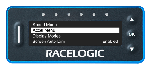 VBOX LapTimer showing the Display Menu with the Accel Menu option highlighted.