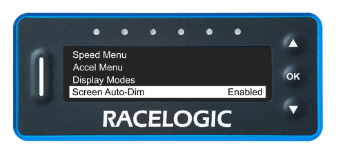 VBOX LapTimer showing the Main Menu with the Screen Auto-Dim option highlighted and Enabled.