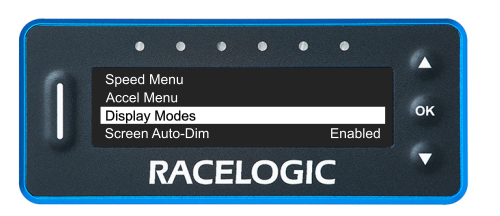 VBOX LapTimer showing the Main Menu with the Display Modes option highlighted.