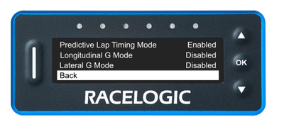 VBOX LapTimer showing the Display Modes list with the Back option highlighted.