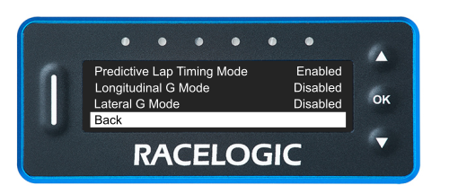VBOX LapTimer showing the Display Modes list with the Back option highlighted.
