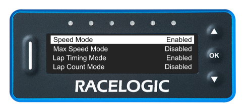 VBOX LapTimer showing the Display Modes list with the Speed Mode option highlighted and Enabled.
