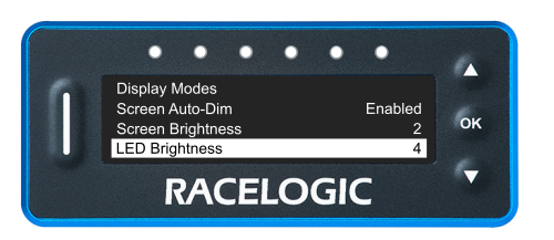 VBOX LapTimer showing the Main Menu with the LED Brightness option highlighted.