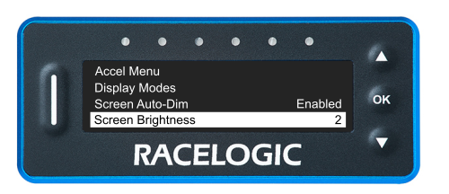 VBOX LapTimer showing the Main Menu with the Screen Brightness option highlighted and set to level 2.