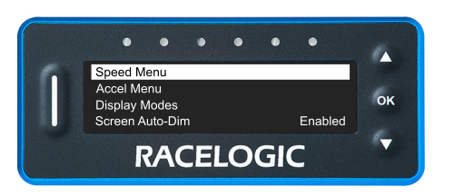 VBOX LapTimer showing the Main Menu with the Speed Menu option highlighted.