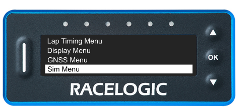 VBOX LapTimer showing the Main Menu with the Sim Menu option highlighted. 