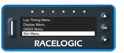 VBOX LapTimer showing the Main Menu with the Sim Menu option highlighted. 