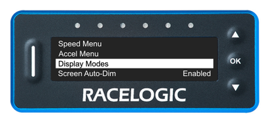 VBOX LapTimer showing the Main Menu with the Display Modes option highlighted.