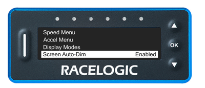 VBOX LapTimer showing the Main Menu with the Screen Auto-Dim option highlighted and Enabled.