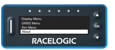 VBOX LapTimer showing the Main Menu with the About option highlighted. 