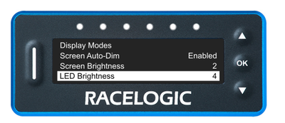 VBOX LapTimer showing the Main Menu with the LED Brightness option highlighted.