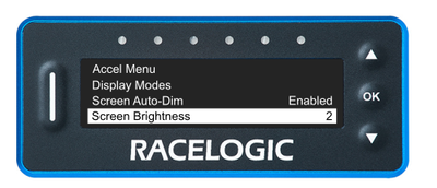 VBOX LapTimer showing the Main Menu with the Screen Brightness option highlighted and set to level 2.