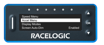 VBOX LapTimer showing the Display Menu with the Accel Menu option highlighted.