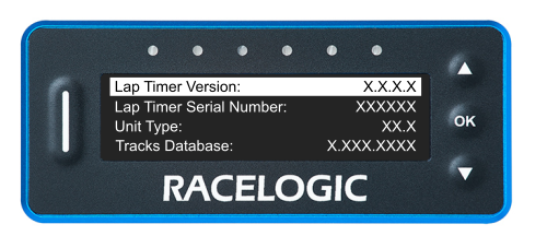 VBOX LapTimer showing the About menu with the Lap Timer Version: information highlighted. 