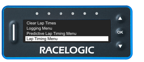 VBOX LapTimer showing the Main Menu with the Lap Timing Menu option highlighted. 