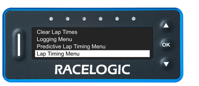 VBOX LapTimer showing the Main Menu with the Lap Timing Menu option highlighted. 