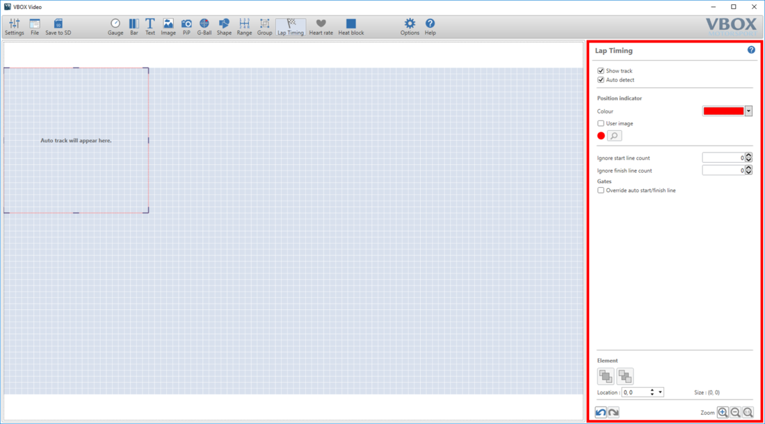 Screenshot of Lap Timing Overview with Track Map element settings highlighted.