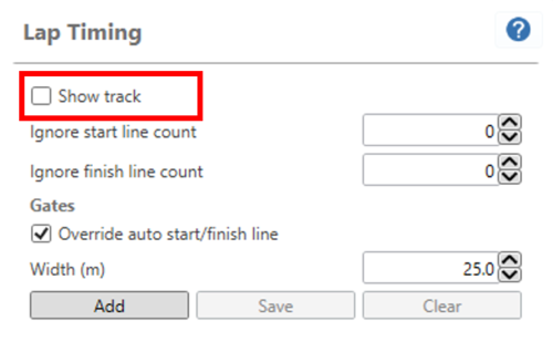 Screenshot of Lap Timing settings with Show Track tick box highlighted.