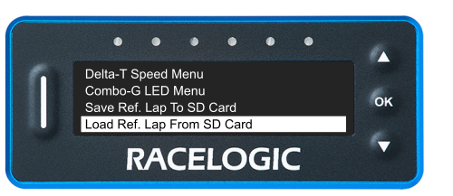 VBOX LapTimer showing the Predictive Lap Timing Menu with the Load Ref. Lap From SD Card option selected.