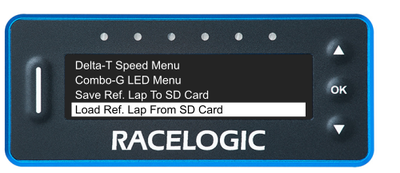 VBOX LapTimer showing the Predictive Lap Timing Menu with the Load Ref. Lap From SD Card option selected.