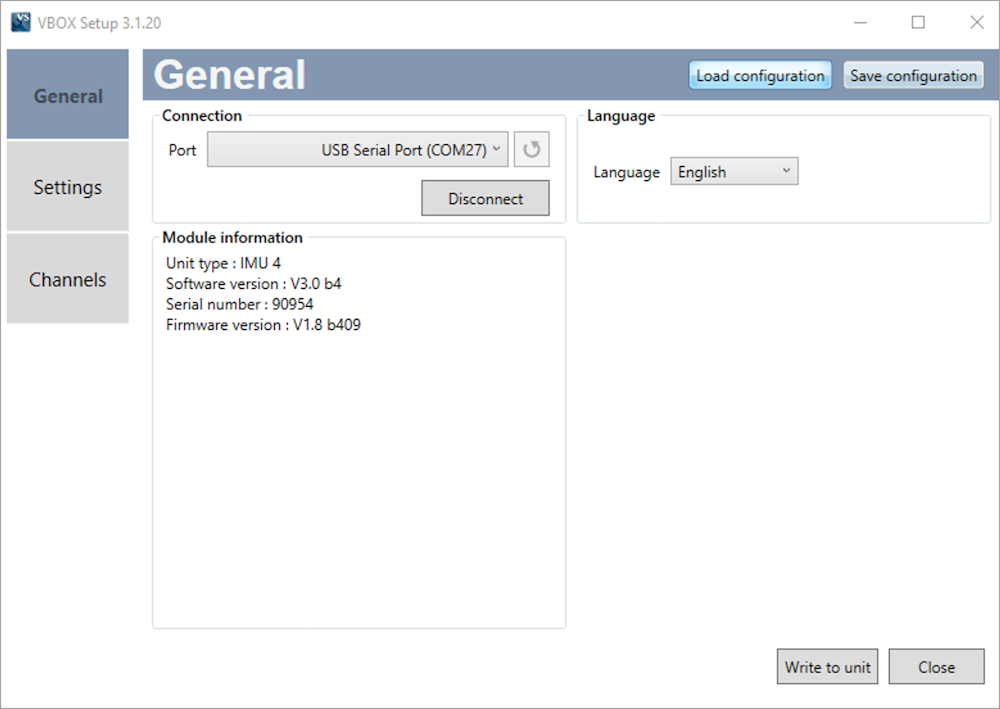 VBOX Setup user interface with General menu open and Load configuration button highlighted.