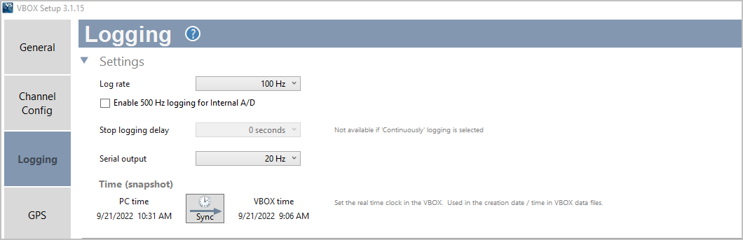 Cropped screenshot of the Logging menu in VBOX Setup when connected to a VBOX 3i ADAS.