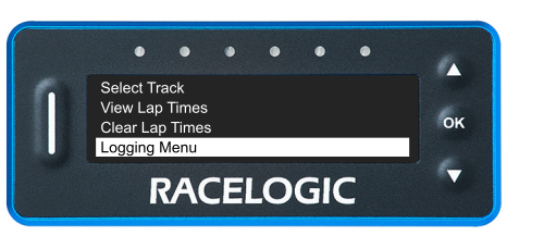 VBOX LapTimer showing the Main Menu with the Logging Menu option highlighted. 