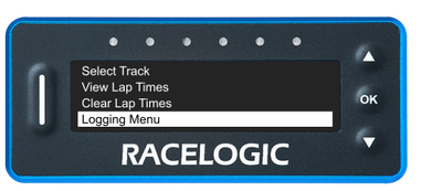 VBOX LapTimer showing the Main Menu with the Logging Menu option highlighted. 