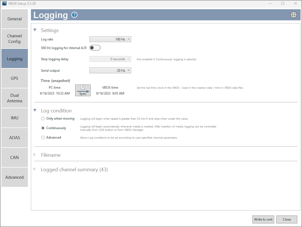 Screenshot of the Logging menu in VBOX Setup software when connected to a VBOX 3i ADAS.