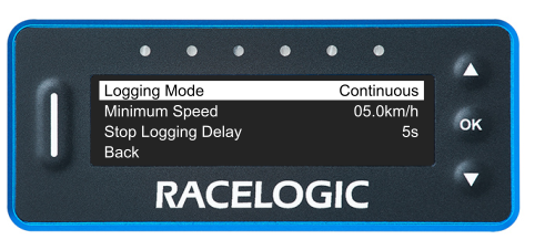 VBOX LapTimer showing the Logging Menu with the Logging Mode option highlighted and set to Continuous.