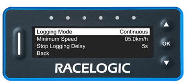 VBOX LapTimer showing the Logging Menu with the Logging Mode option highlighted and set to Continuous.