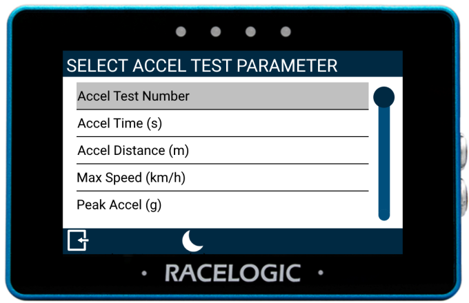 MFD Touch displaying the Select Accel Test Parameter screen. 