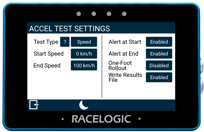 MFD Touch displaying the Accel Test Settings screen.