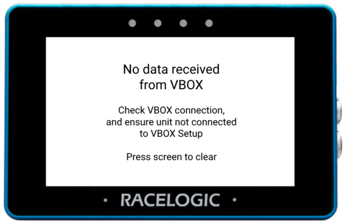 MFD Touch displaying the "No data received from VBOX" screen.