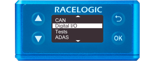 Illustration of a VBOX 3iS displaying the main menu with Digital I/O highlighted.