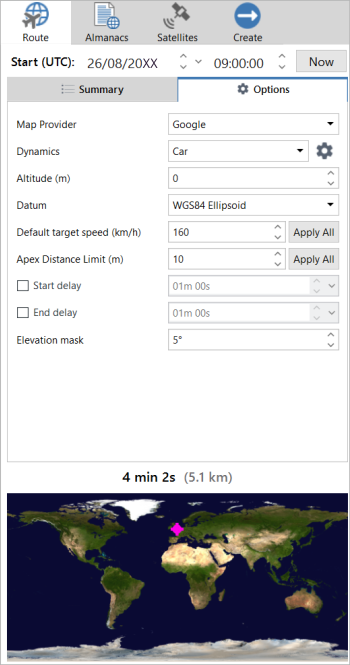 Screenshot of the Options under the Route tab in Map Mode.