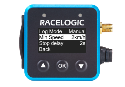 VBOX Mini LapTimer showing the settings menu with the Min. Speed option in the Logging Options selected.