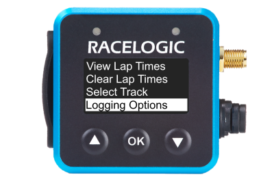 VBOX Mini LapTimer showing the settings menu with Logging Options selected.