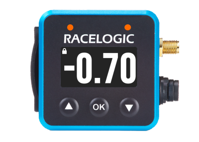 Mini LapTimer with -0.70 on the Predictive Lap Timing display and 2 orange LEDs.