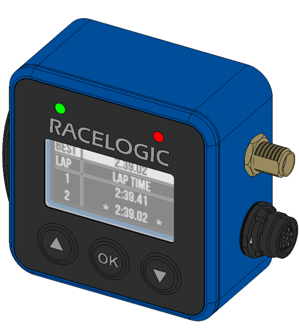 Drawing of VBOX Mini LapTimer showing the side panel with the connectors. 