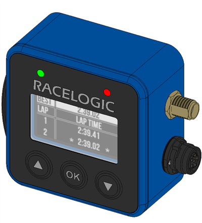 Drawing of VBOX Mini LapTimer showing the side panel with the connectors. 