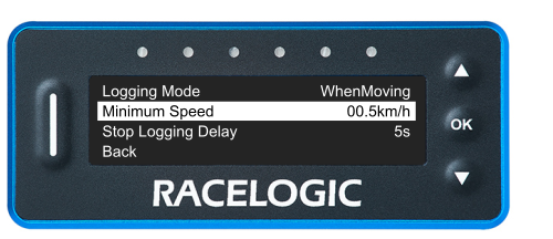 VBOX LapTimer showing the Logging Menu with the Minimum Speed option highlighted and set to 00.5 km/h.