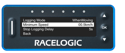 VBOX LapTimer showing the Logging Menu with the Minimum Speed option highlighted and set to 00.5 km/h.