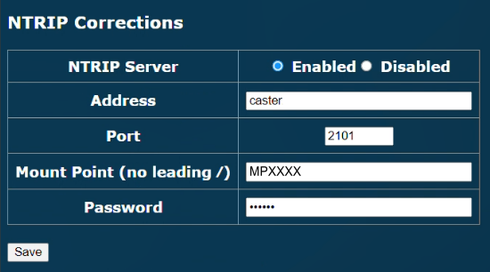 Screenshot of the NTRIP Corrections settings.