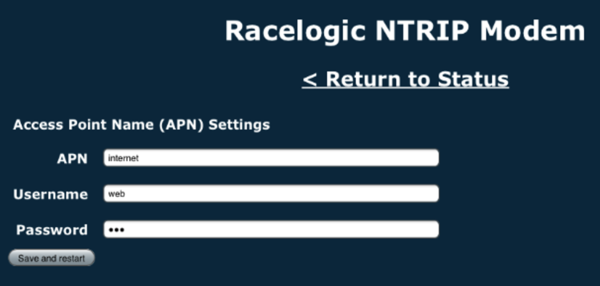 Screenshot of the NTRIP Modem APN Settings.