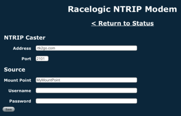 Screenshot of VBOX Sigma NTRIP Settings with rtk2go as the NTRIP Caster