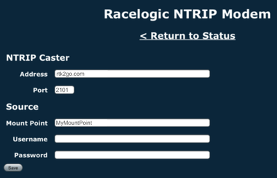 Screenshot of VBOX Sigma NTRIP Settings with rtk2go as the NTRIP Caster
