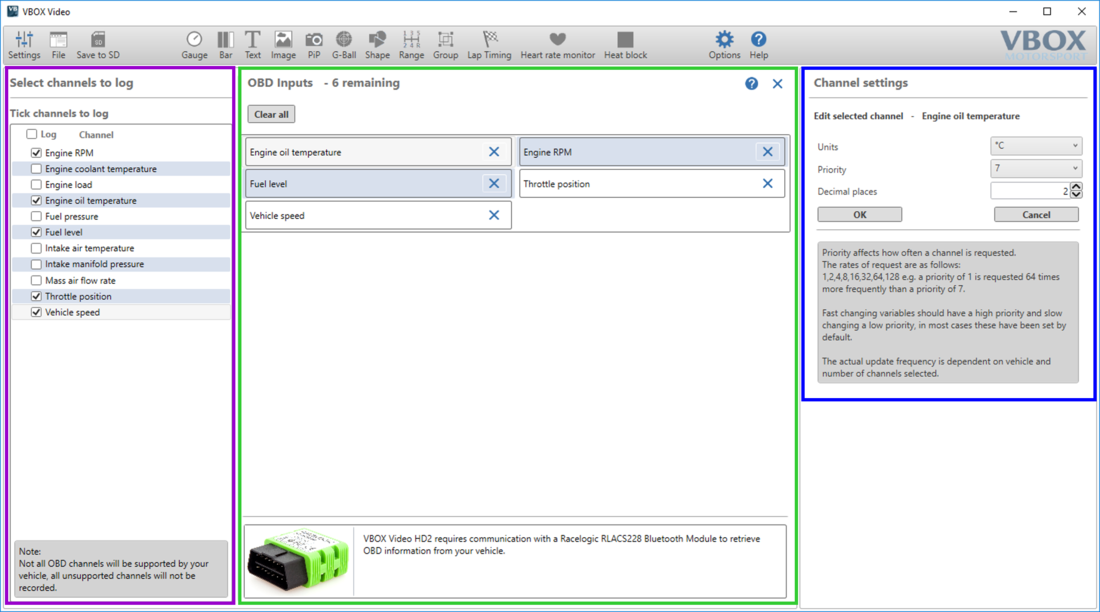 Screenshot of the OBD Overview with different areas highlighted with different colours.