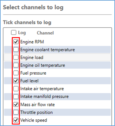Cropped screenshot of Select Channels to Log area of VBOX Video HD2 Setup software.