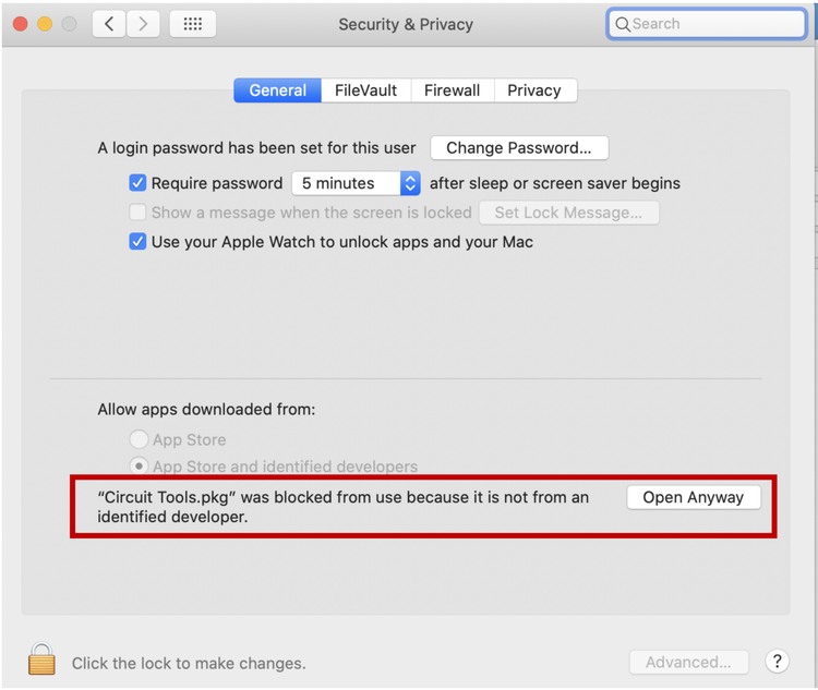 Screenshot of the Security & Privacy Settings with Open Anyway highlighted.